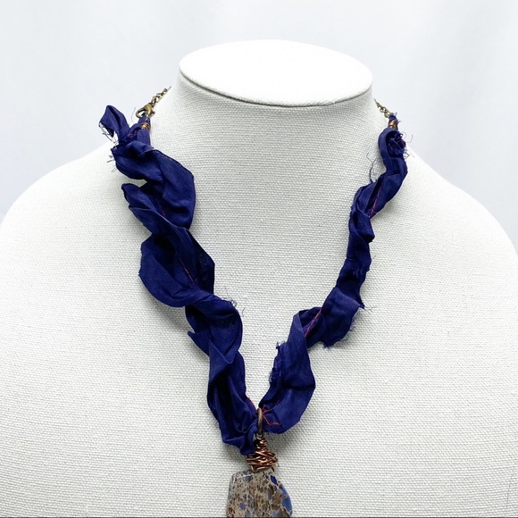 Custom Blue Jasper Stone Silk Ruffle Ribbon Necklace Handcrafted NEW - Picture 3 of 7